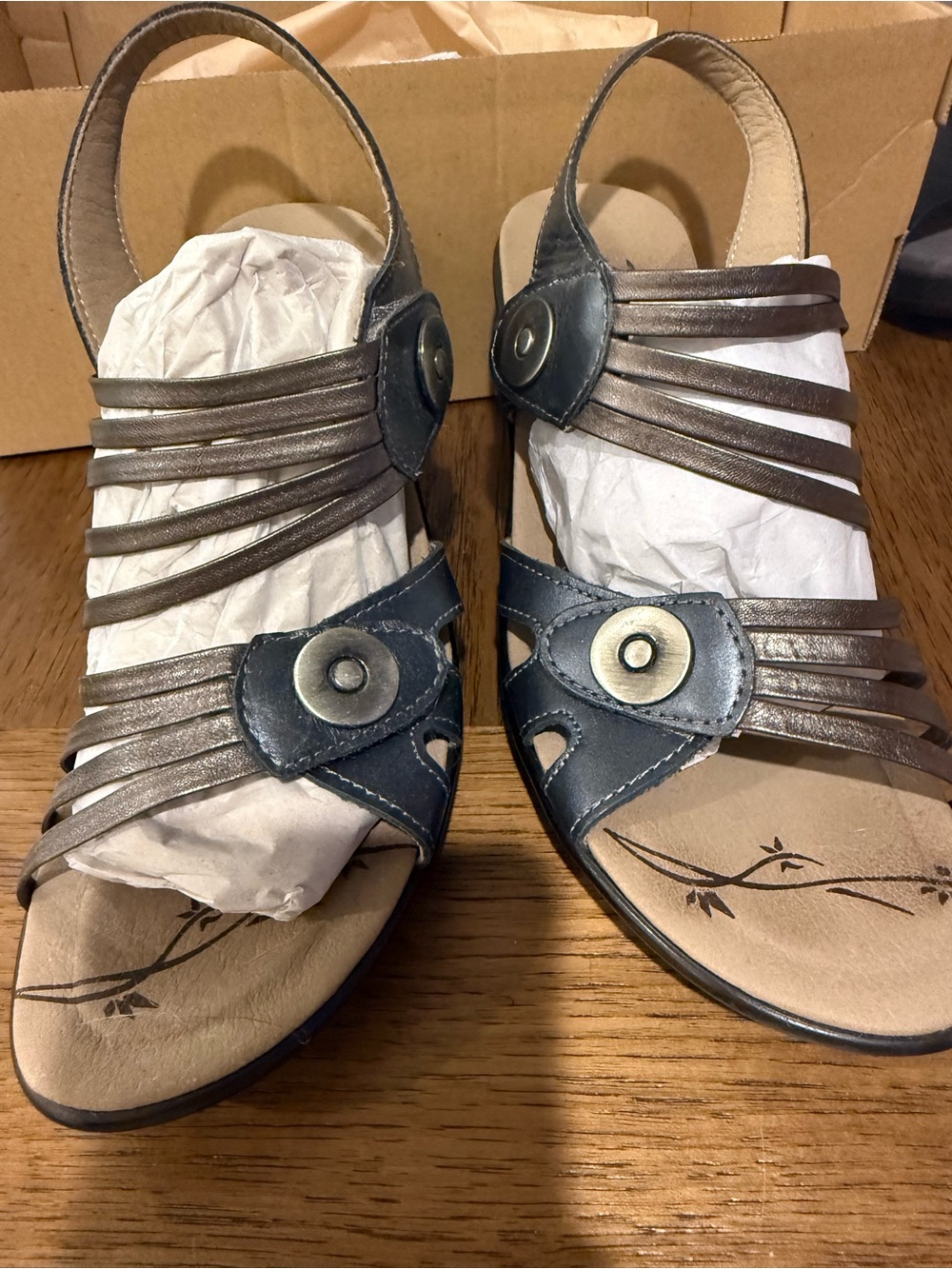 Women’s Strappy Slingback Sandals in Metallic Bronze and Blue
Dromemaderis Brand